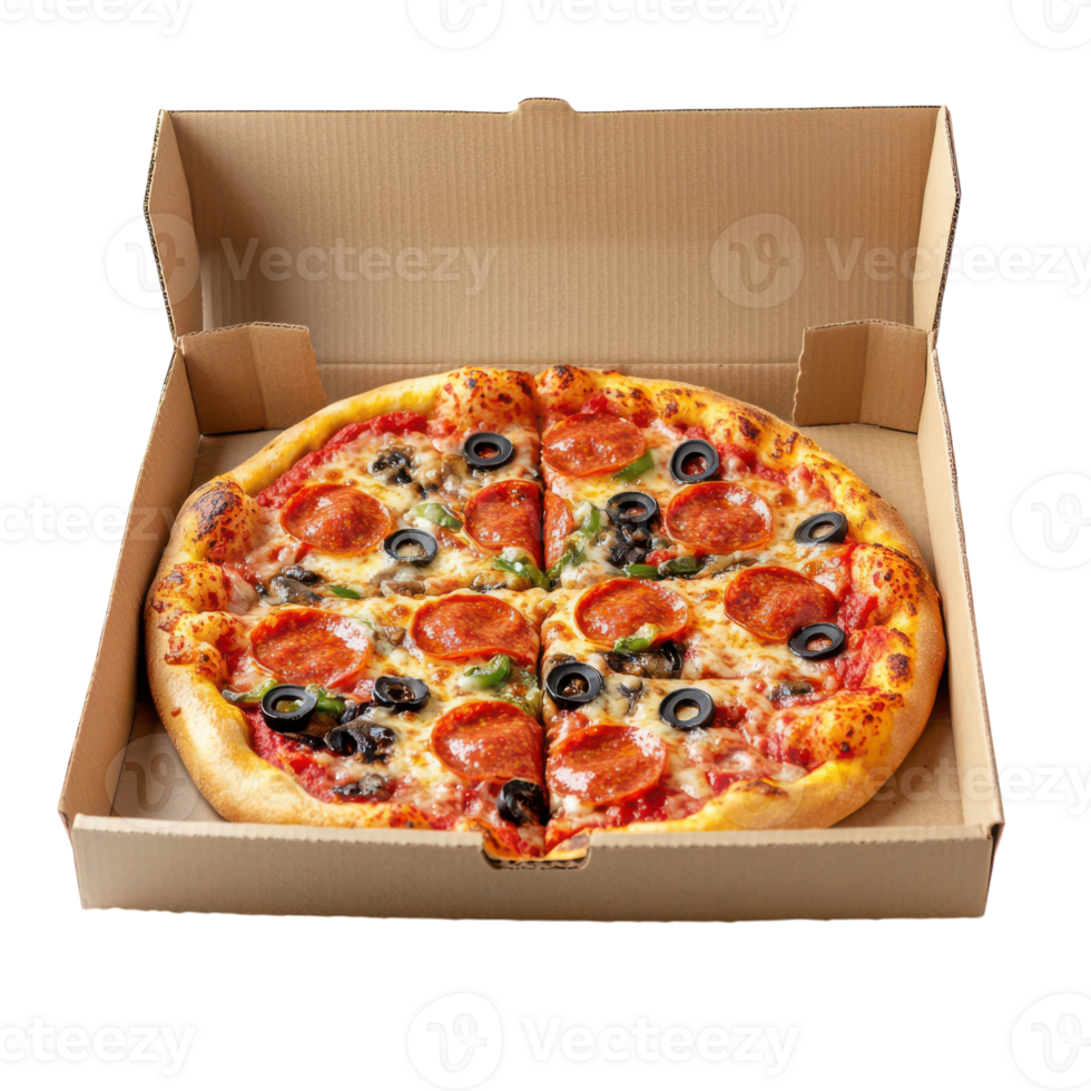 Savory pizza with pepperoni and olives in a cardboard box png