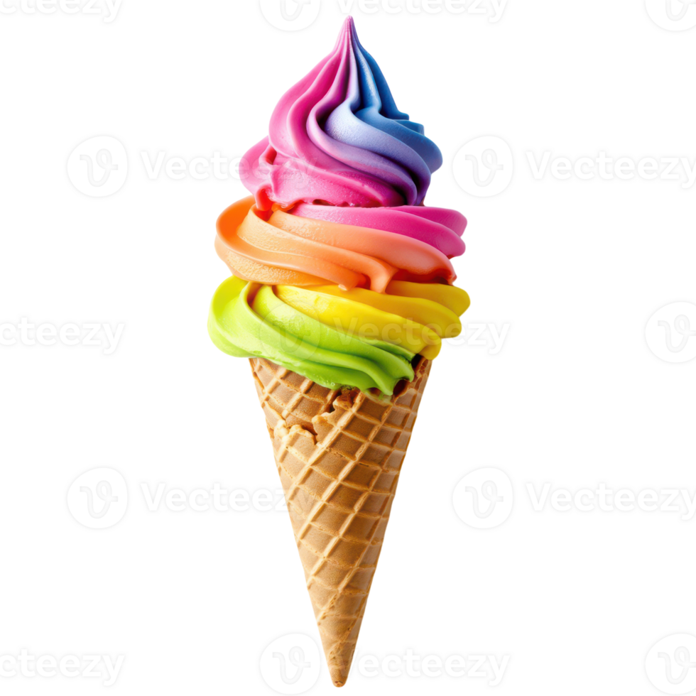 Colorful Rainbow Ice Cream Cone on a White Background Perfect for Dessert Promotions png