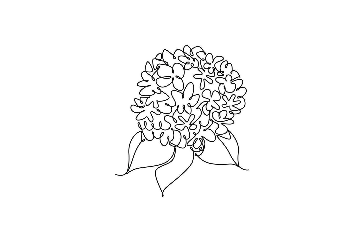 Single one line drawing beauty fresh hortensia for home wall decor art poster. Decorative hydrangea flower concept for floral card frame. Modern continuous line draw design graphic illustration vector