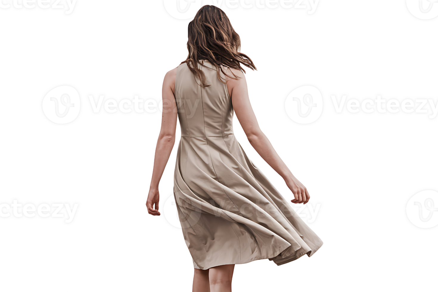 Woman in Beige Dress Walking Away, Back View on transparent background png