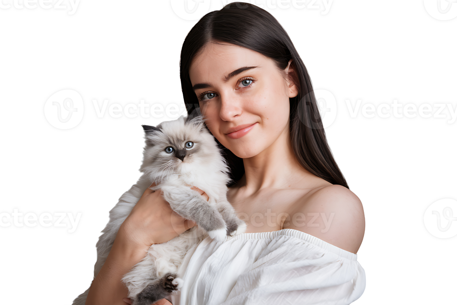 Beautiful Young Woman Gently Holding Adorable Ragdoll Kitten on transparent background png