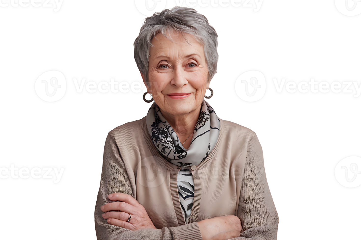 Portrait of a smiling senior woman with arms crossed wearing a beige cardigan and patterned scarf on transparent background png