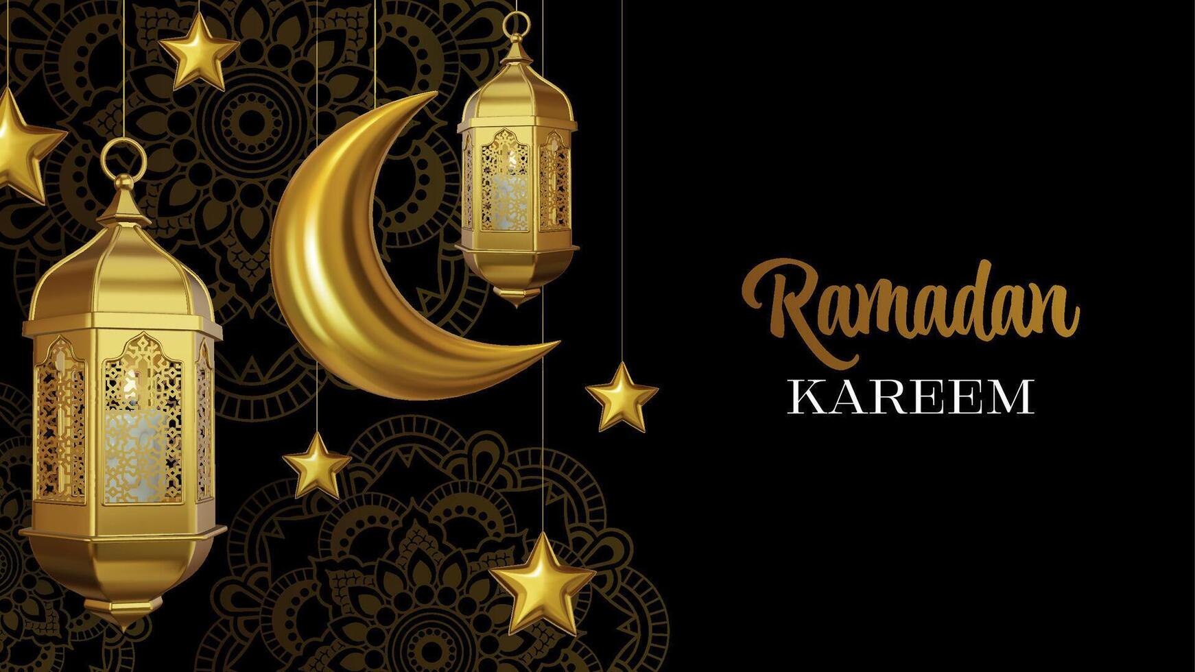ramadan kareem card with golden half moon and stars. islamic poster with realistic golden lanterns and gold decorations vector