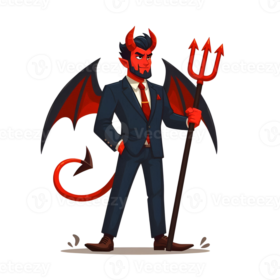 A cartoon devil in a suit holding a pitchfork png