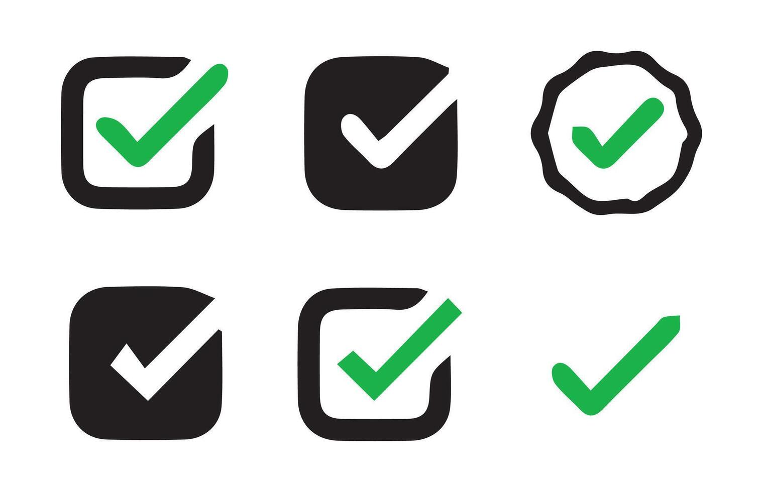 Set of check icons in green and black. Circle and square. Tick symbol sing vector