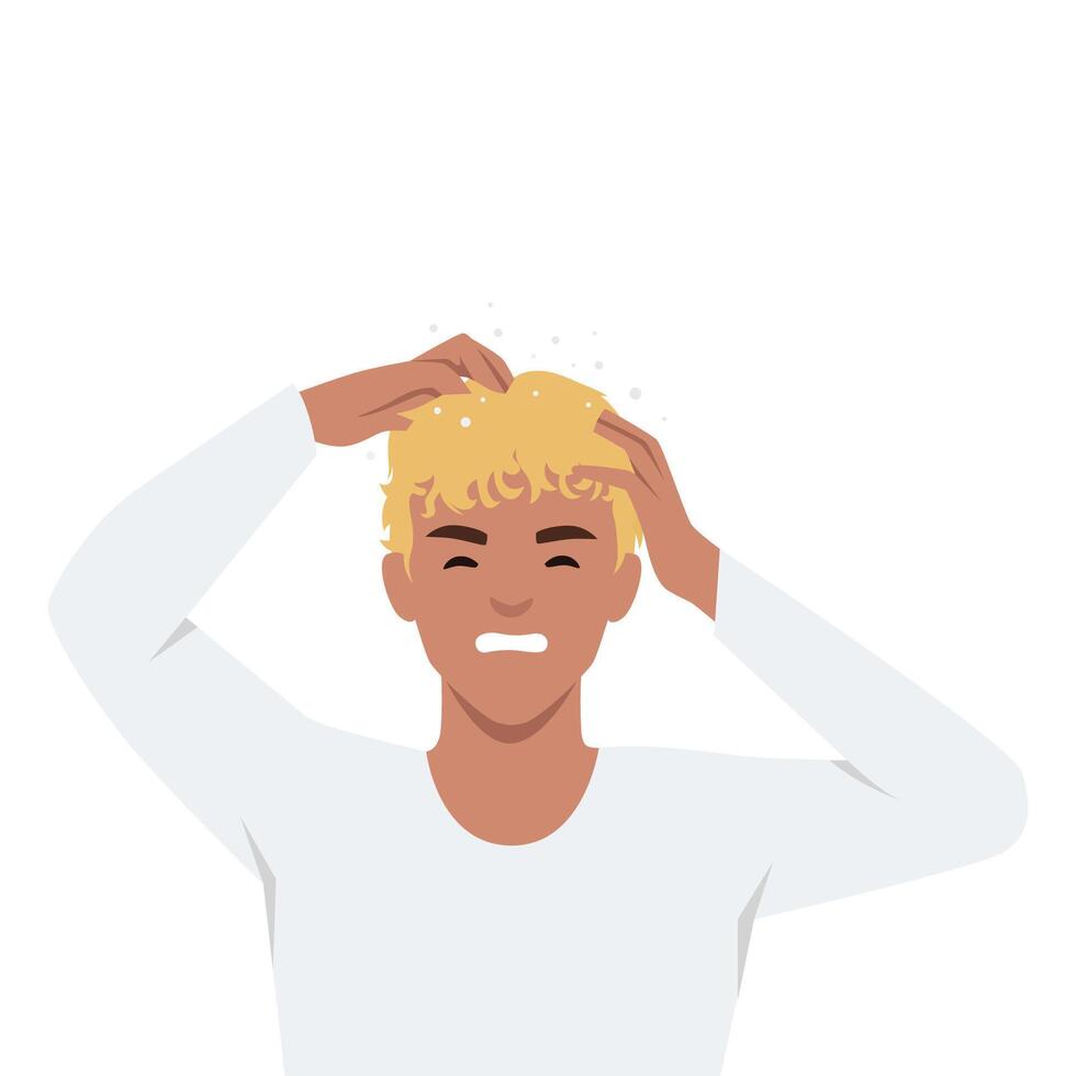 Man scratching his head, distressed, with flakes suggesting dandruff or an itchy scalp. vector