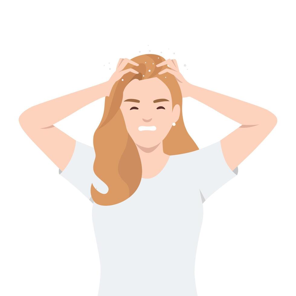 Distressed woman with long hair scratching her head, with visible dandruff flakes, itchy. vector