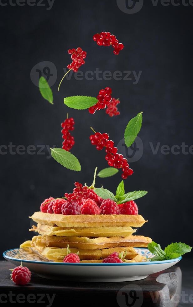 Stack of belgian waffles in a plate with raspberries and red currants on a black background, green mint leaves levitate photo
