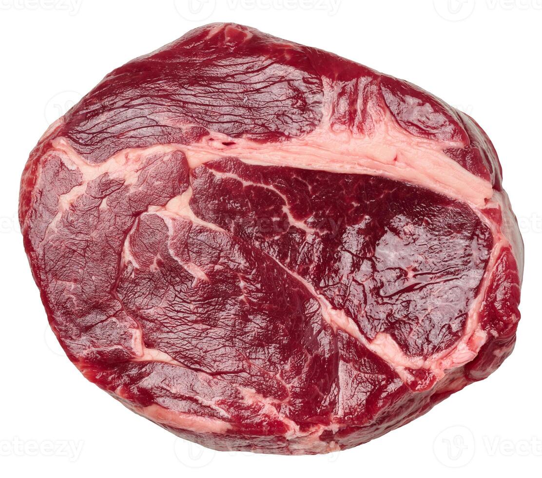 Beef raw steak chuck eye roll on isolated background, close up photo
