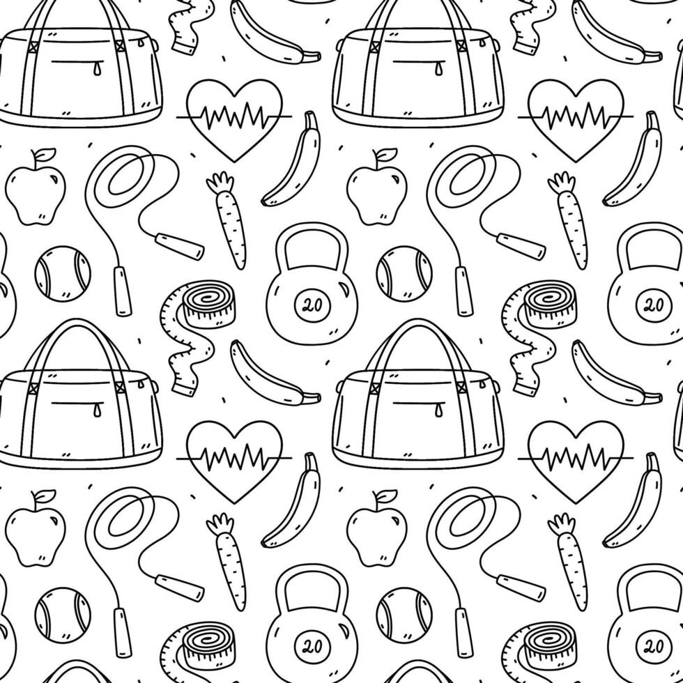 Seamless pattern with workout accessories - sports bag, skipping rope, kettlebell, measuring tape, fruits. hand-drawn doodle illustration. Perfect for print, wallpaper, decorations. vector