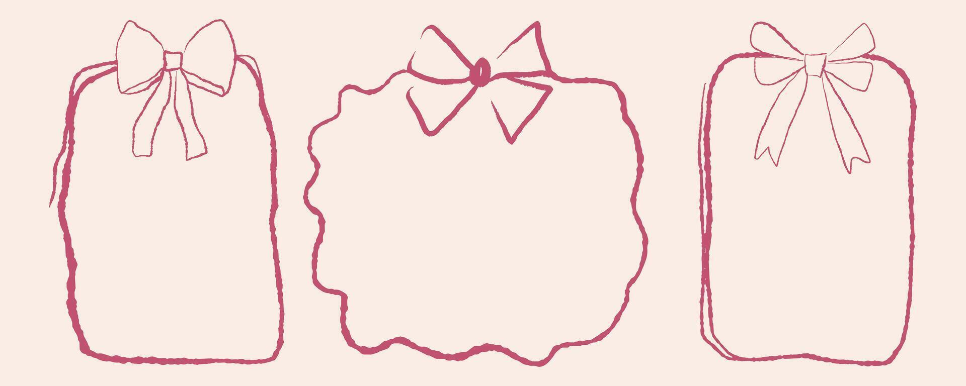 Set of handdrawn frames with decorative bows and hearts, perfect for invitations, greeting cards, or scrapbook design. illustration vector