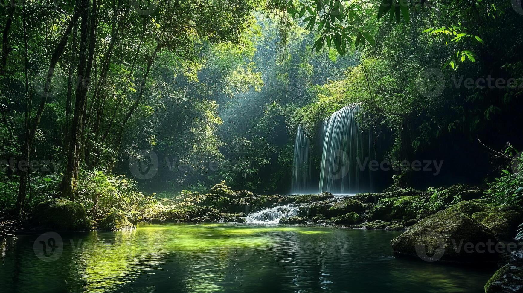 Tropical rainforest waterfall flowing serene emerald pool surrounded greenery photo