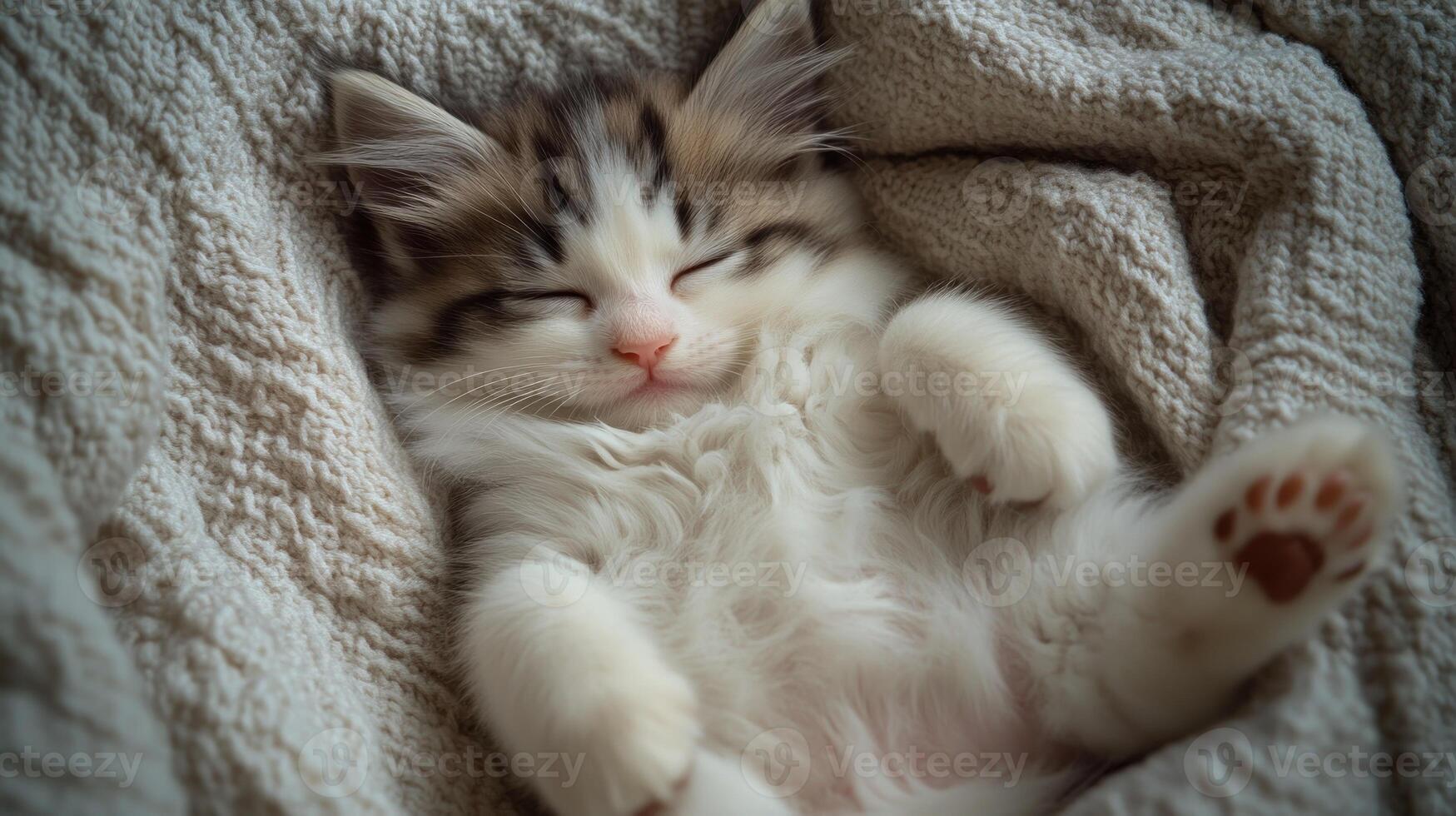 A sleepy kitten nestled in a soft blanket, radiating tranquility and warmth photo