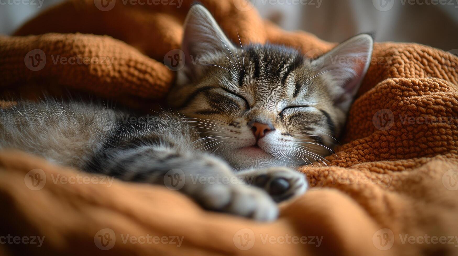 A small tabby kitten peacefully dozing in warm, textured blankets photo