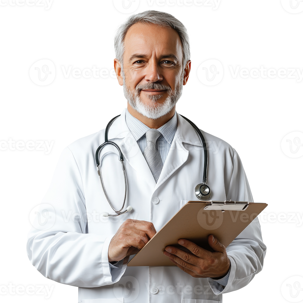 Experienced doctor in white coat holding clipboard with stethoscope around neck png
