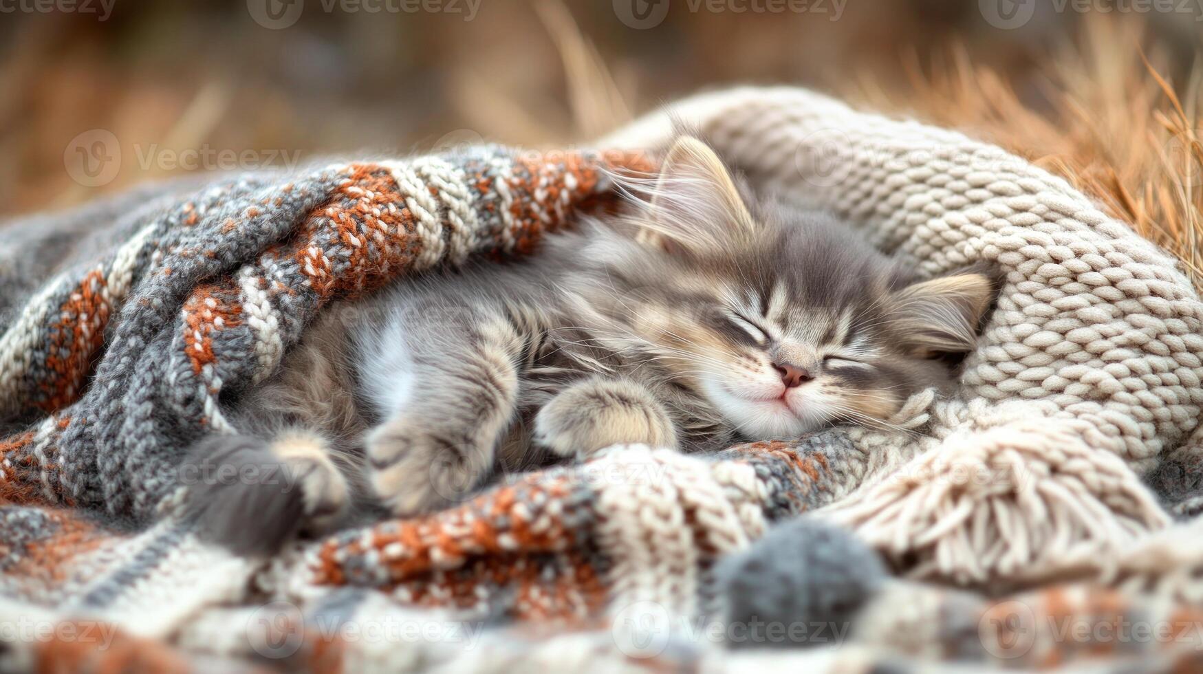 A gray kitten peacefully sleeps wrapped in a soft, colorful blanket photo