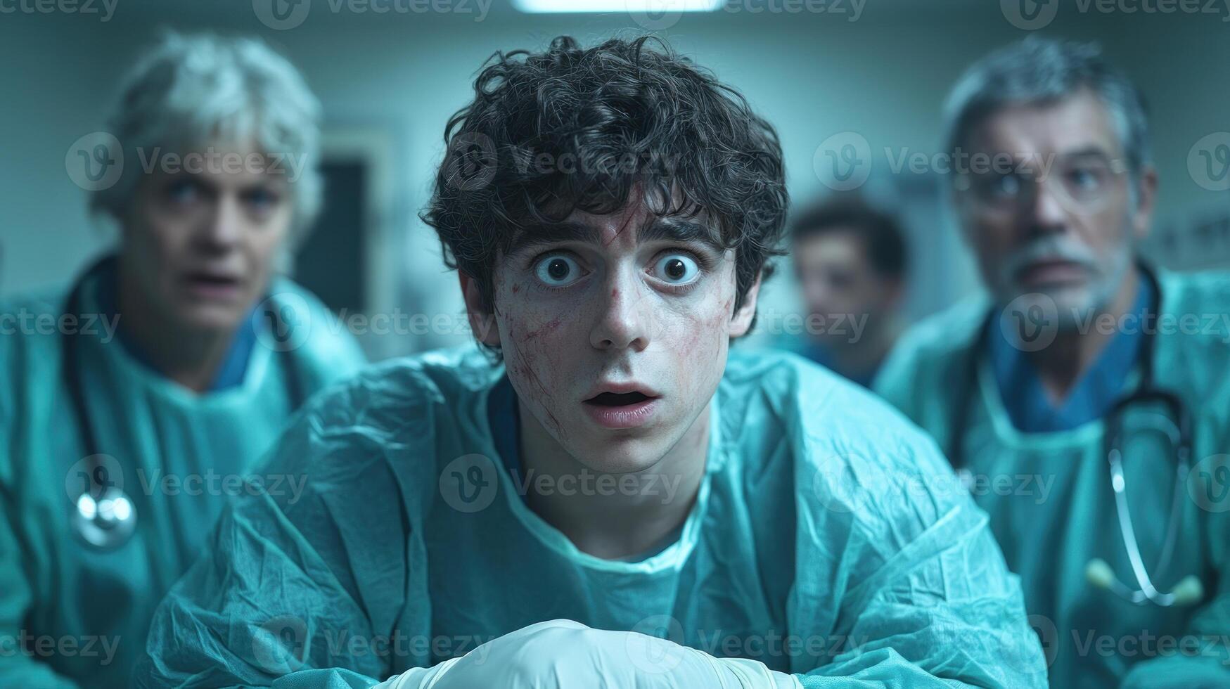 A young boy looks startled while medical professionals assess his condition photo