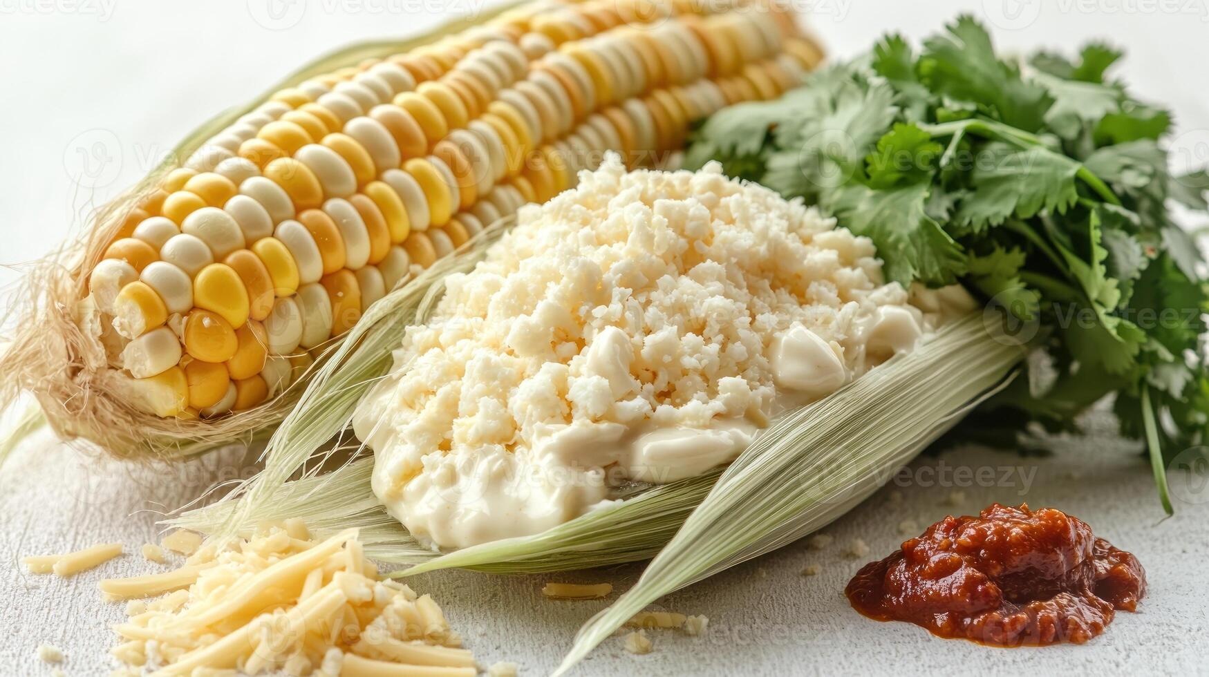 Succulent corn topped with creamy cheese, fresh herbs, and spicy sauce awaits delight photo