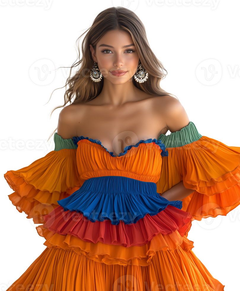 Colorful summer dress worn by a young woman posing confidently in a studio setting png
