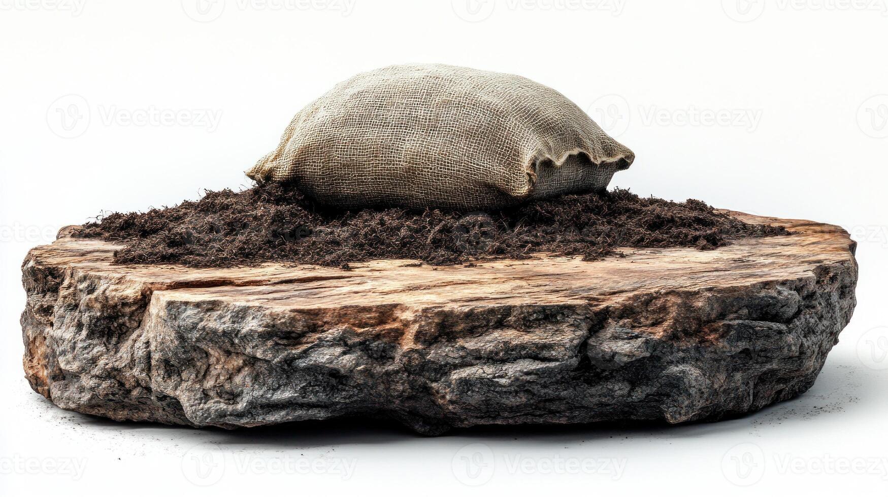 A burlap sack rests atop earthy soil on a textured wooden base photo