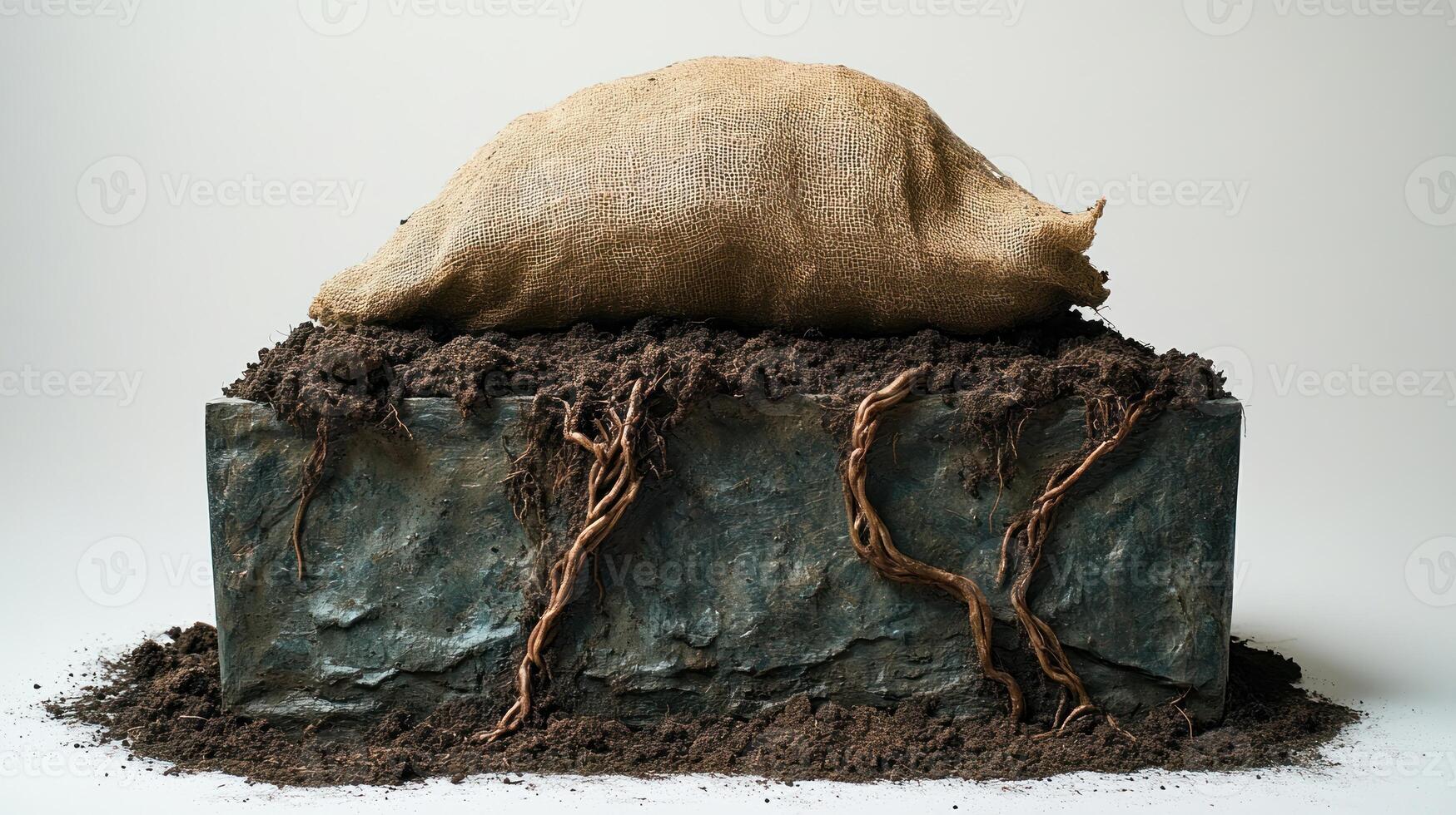A burlap sack sits atop earthy soil, with roots intertwining around it photo
