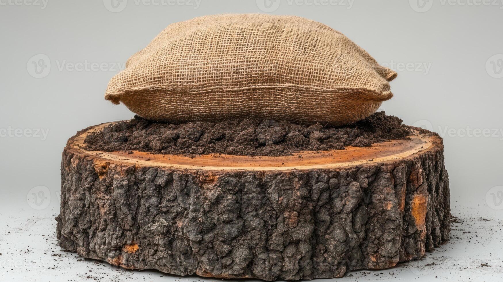 A burlap sack rests on top of rich soil atop a tree stump photo