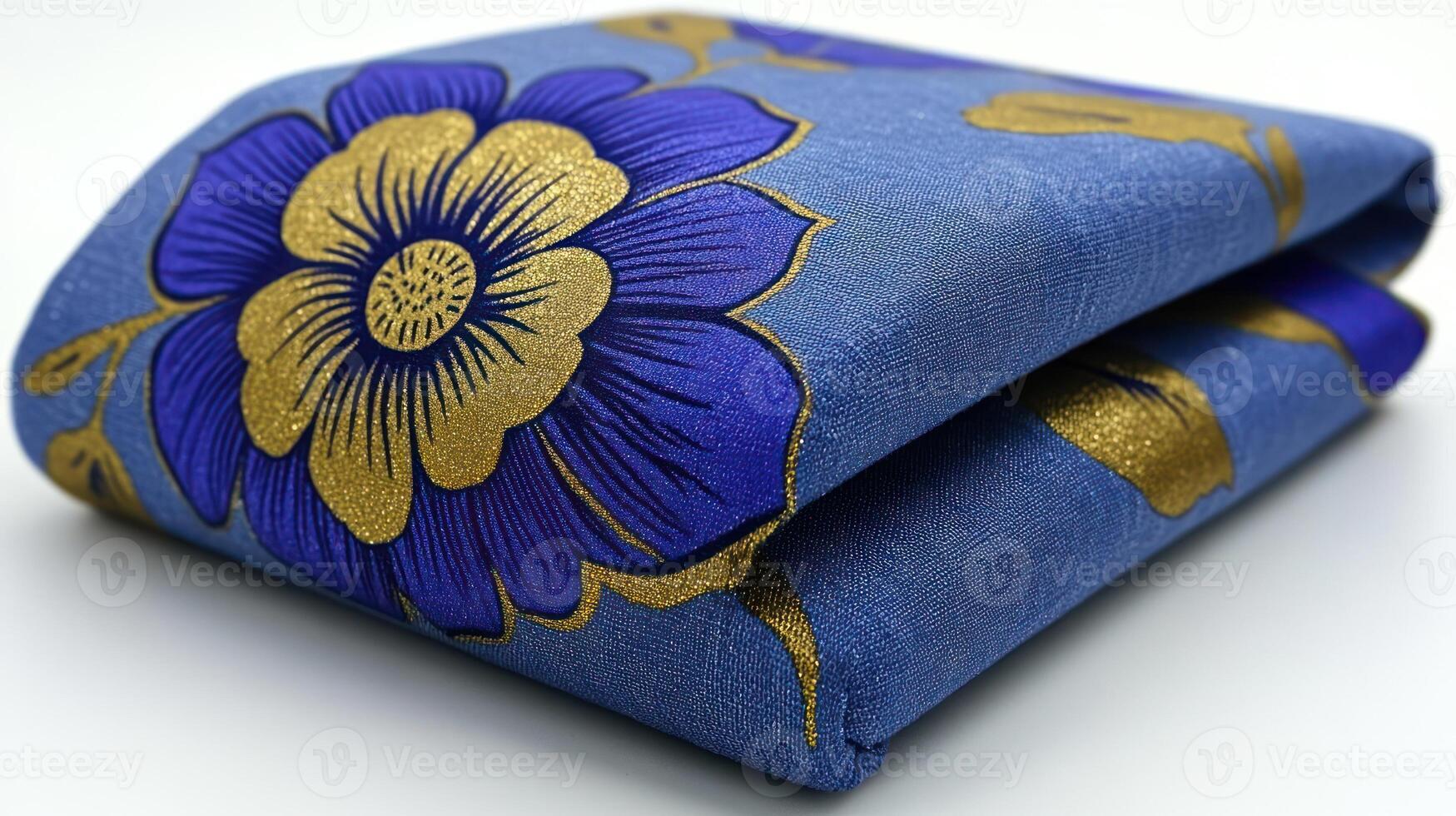 A beautifully folded blue fabric showcasing intricate floral patterns in gold and purple photo