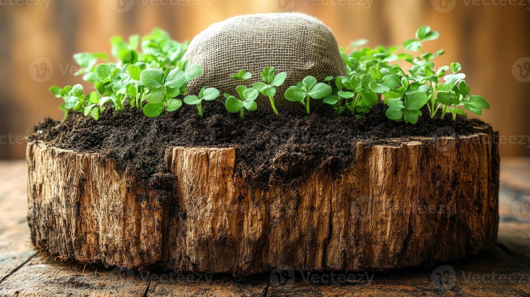 Fresh sprouts thrive in rich soil atop a rustic wooden log photo