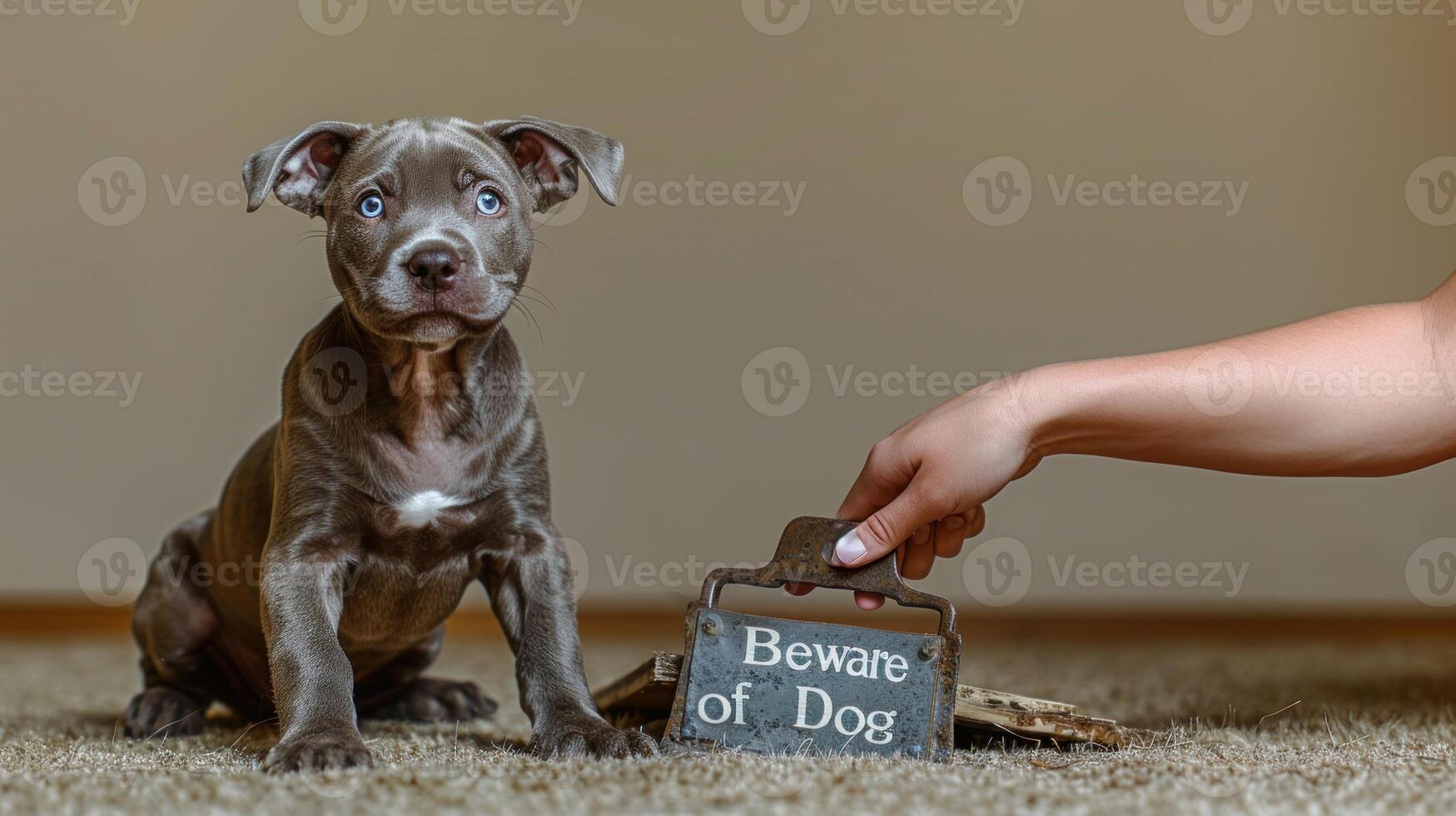 A cheerful puppy poses beside a warning sign in a warm indoor space photo