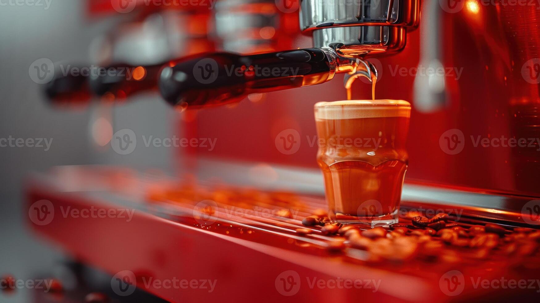 Rich espresso flows into a beautifully crafted cup beneath gleaming machinery photo