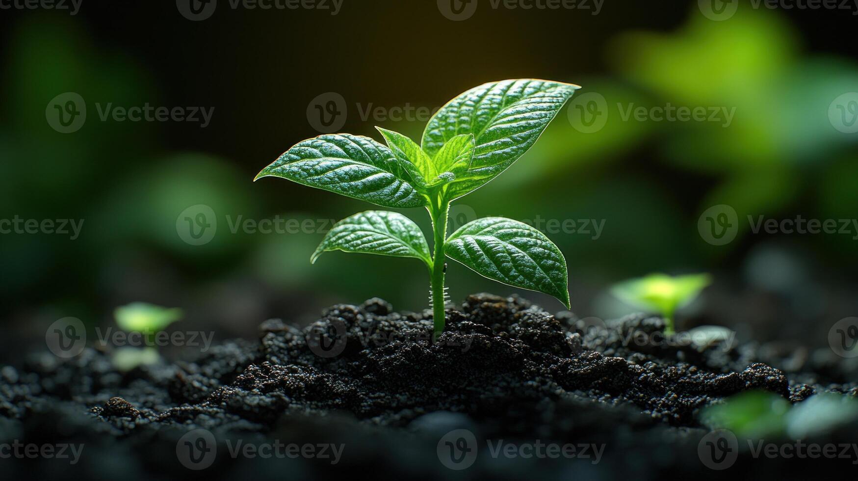 A vibrant seedling breaks through dark soil, reaching for the sunlight above photo