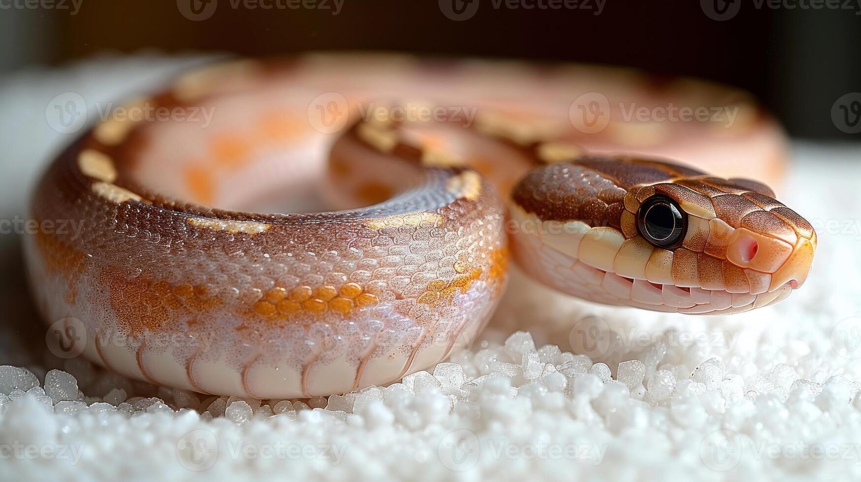 A graceful ball python rests on shimmering white sand photo