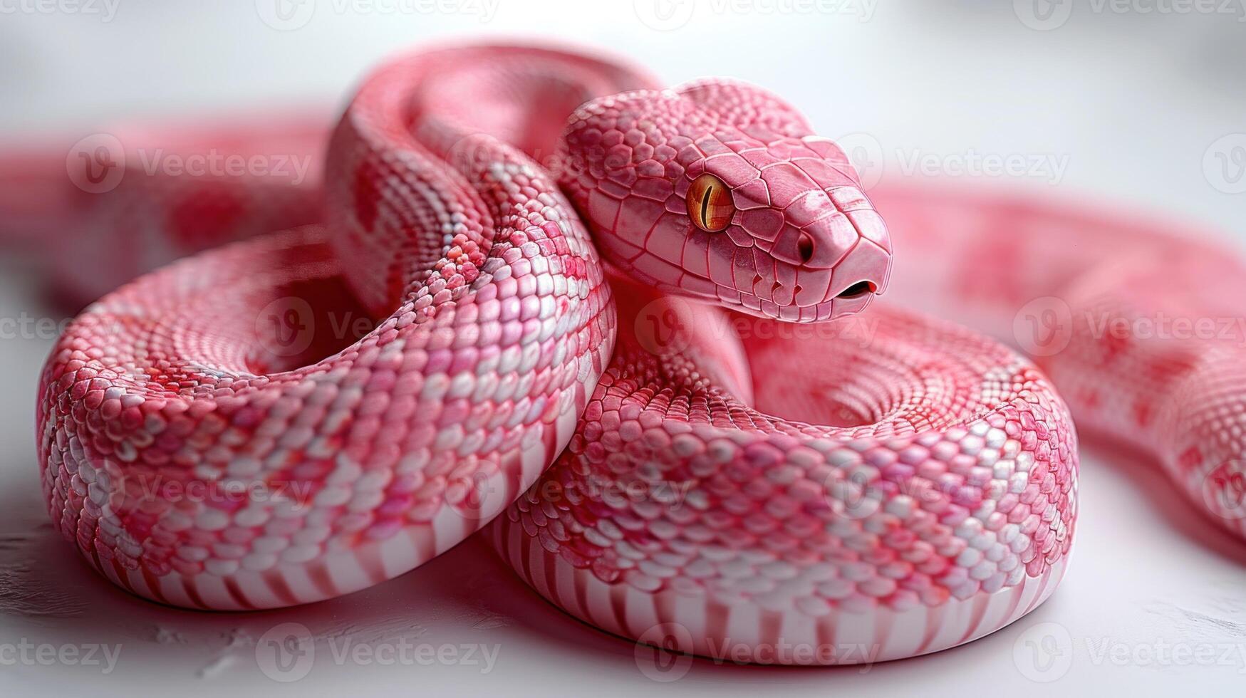 A striking pink snake rests gracefully, showcasing its unique scales and vibrant color photo