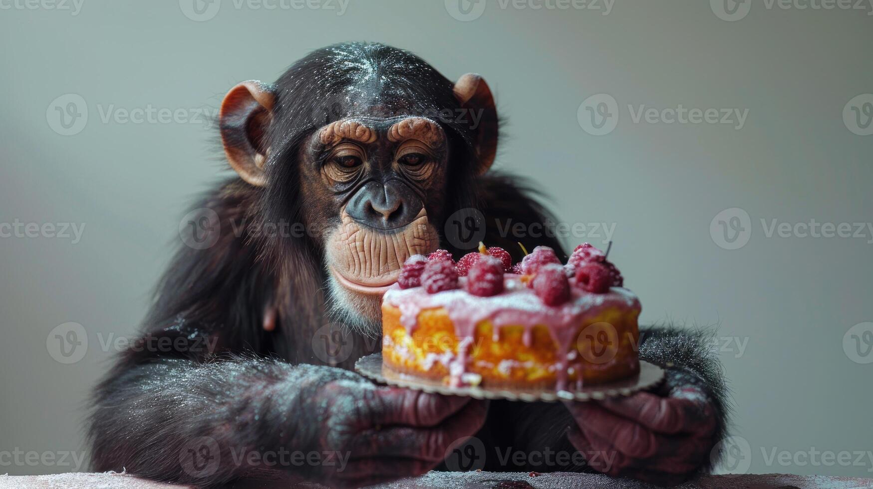 A chimpanzee admires a beautifully decorated cake topped with raspberries photo