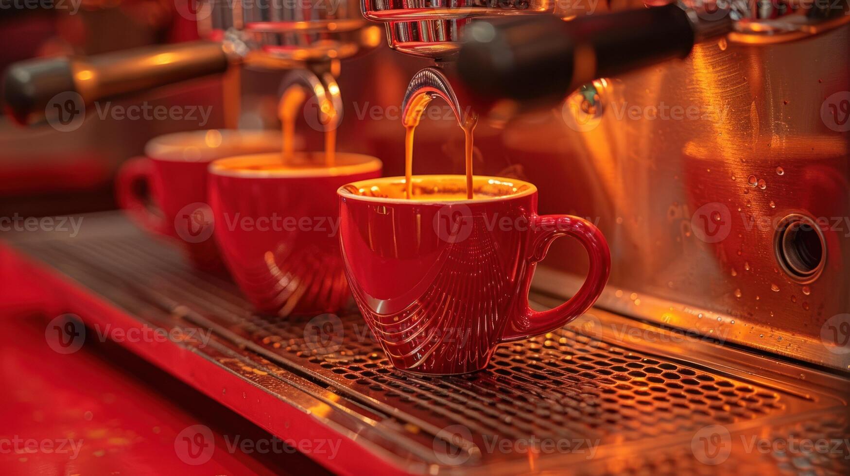 Three red cups elegantly fill with rich espresso in a warm cafe setting photo
