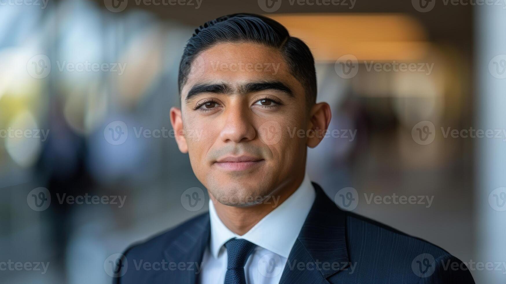 Young man exudes confidence in a tailored suit at a modern venue photo