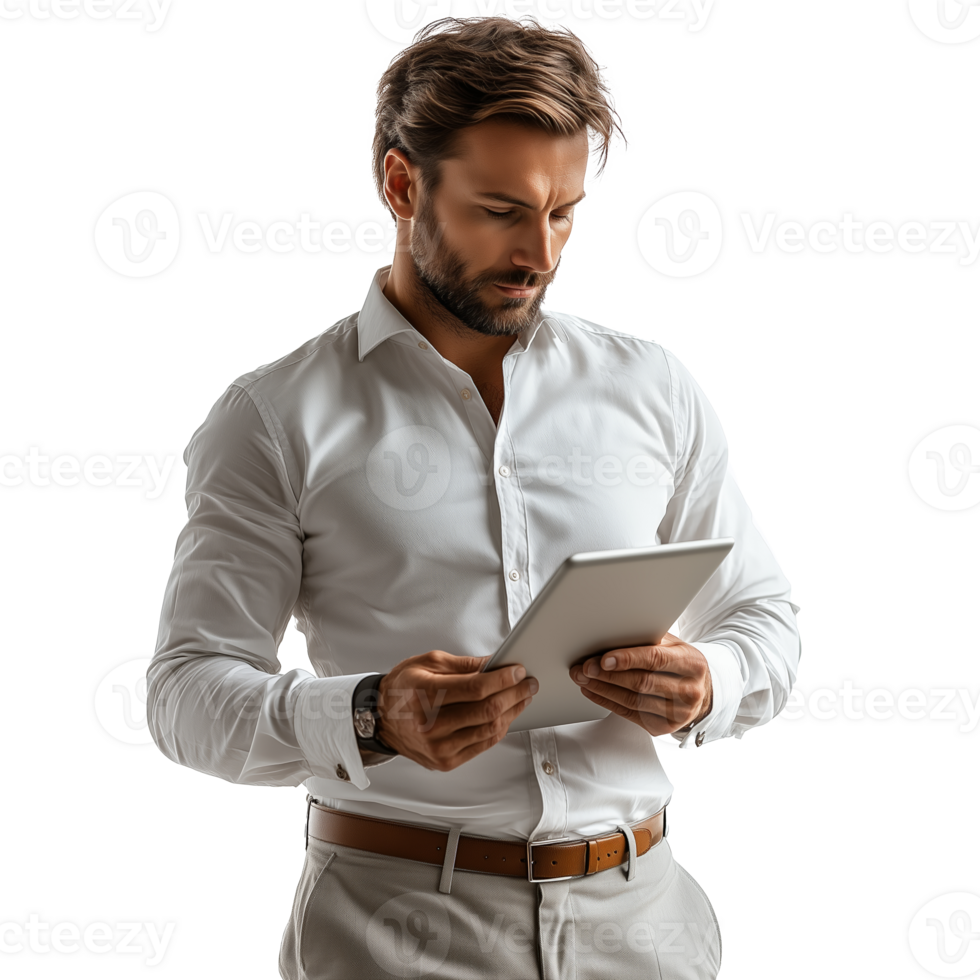 Professional man using tablet while standing indoors in a modern setting png