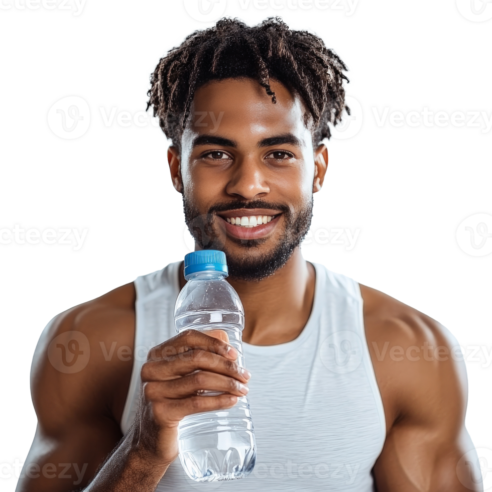 Smiling man holds bottled water, showcasing fitness and hydration in a bright setting png