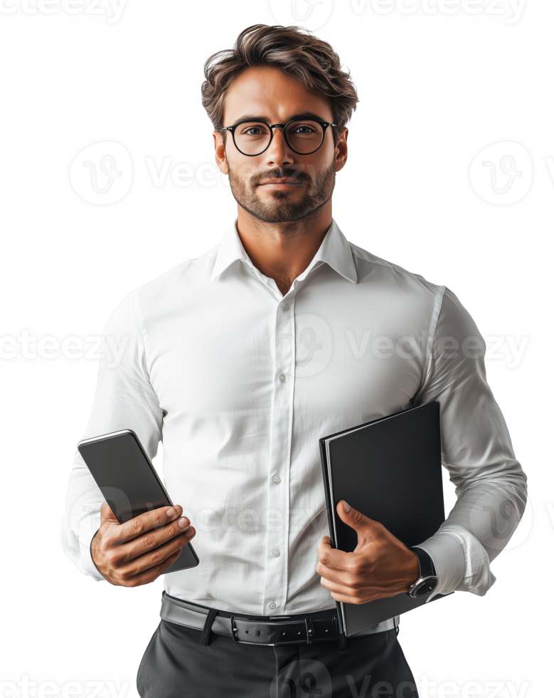 Stylish professional man holding notebook and folder in business attire ready for a meeting png