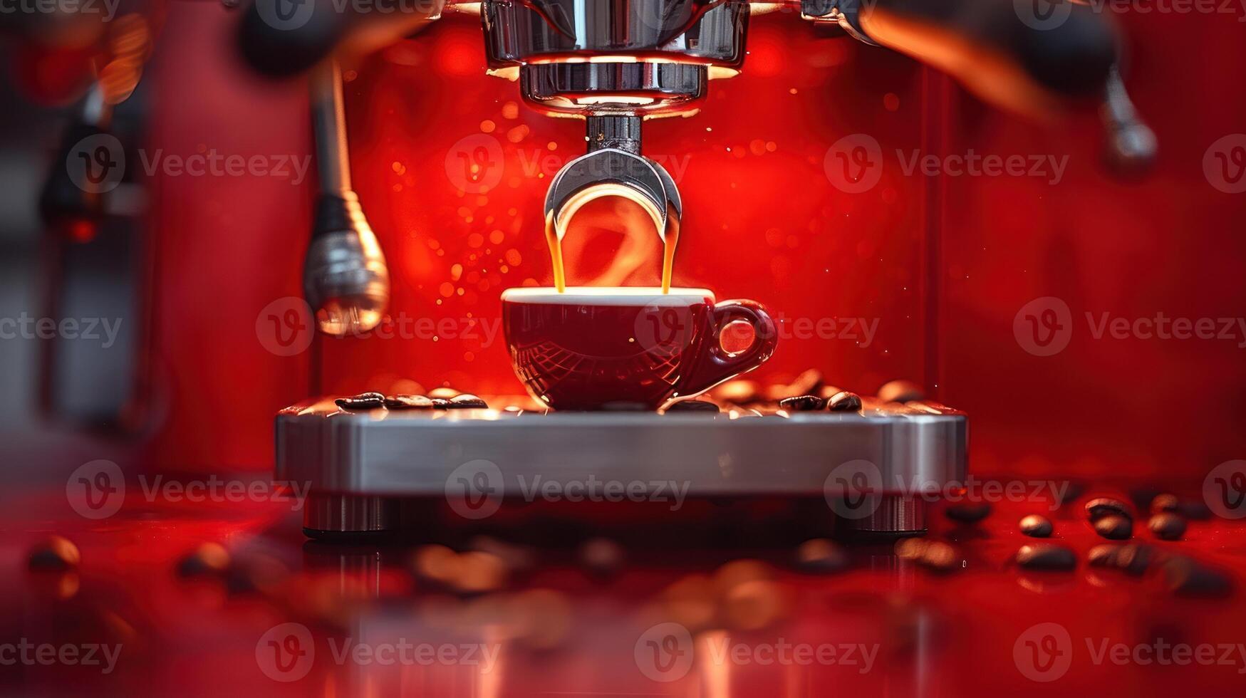 Rich espresso flows smoothly into a small cup, surrounded by coffee beans photo