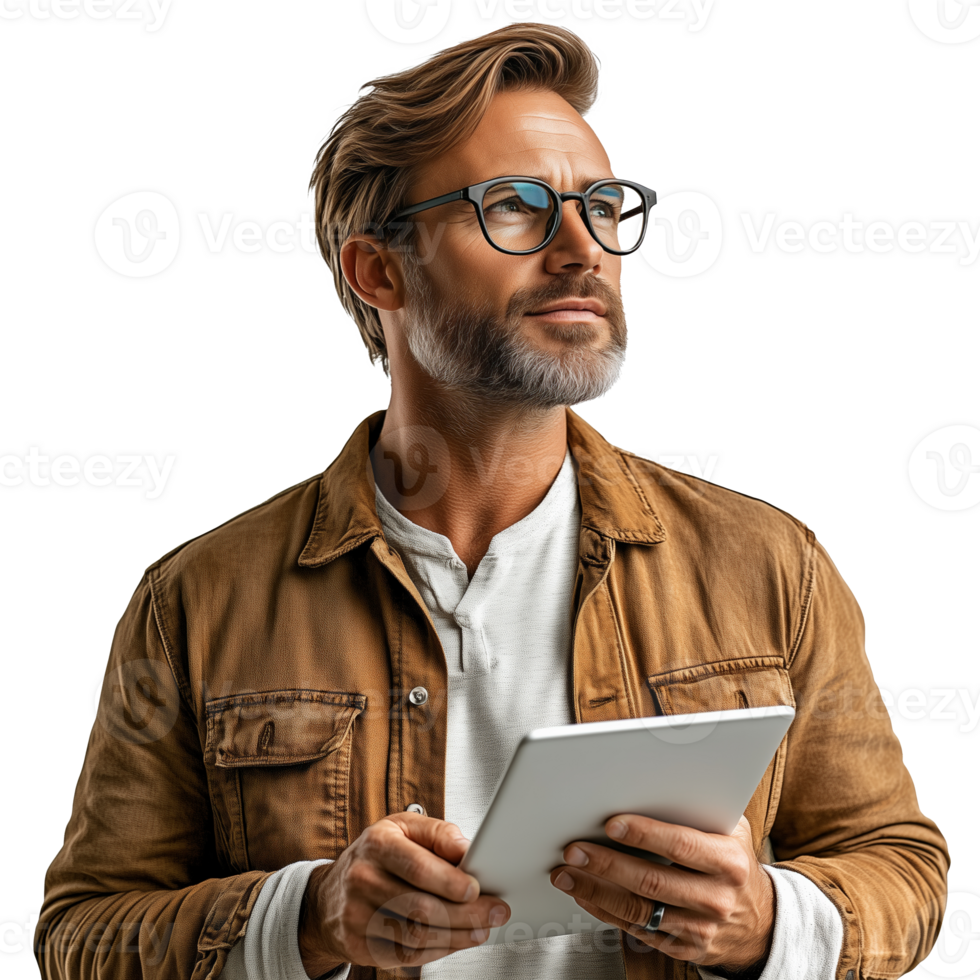 Man with glasses holds tablet while contemplating ideas in a creative indoor environment png