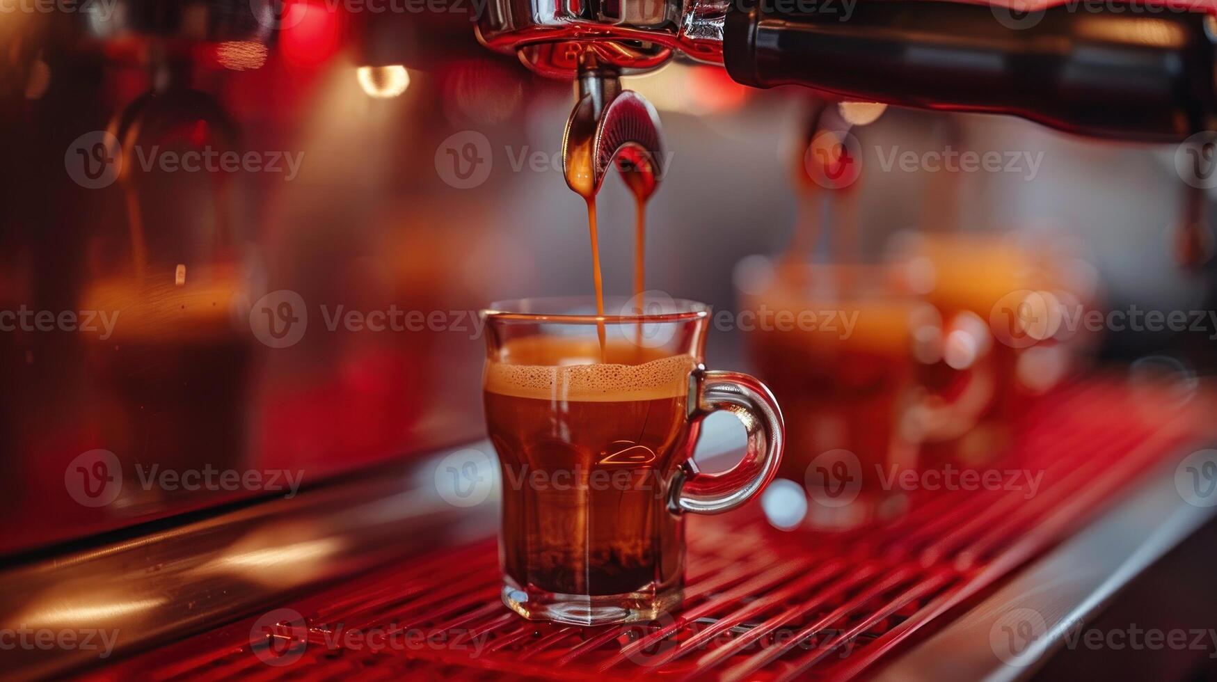 Rich coffee flows from the machine into a delicate glass mug photo