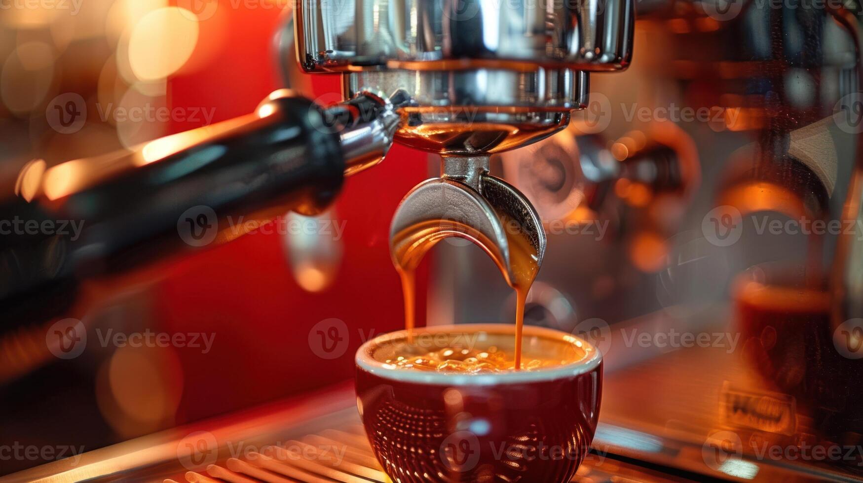 A barista expertly brews rich espresso in a warm, inviting atmosphere photo