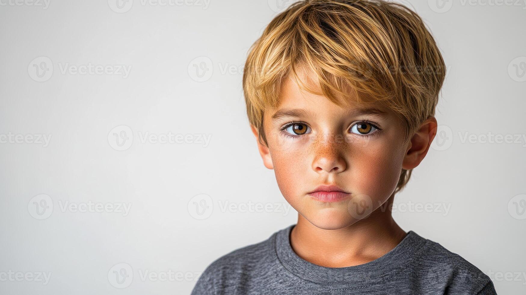 A young boy with blonde hair gazes thoughtfully, exuding innocence and curiosity photo