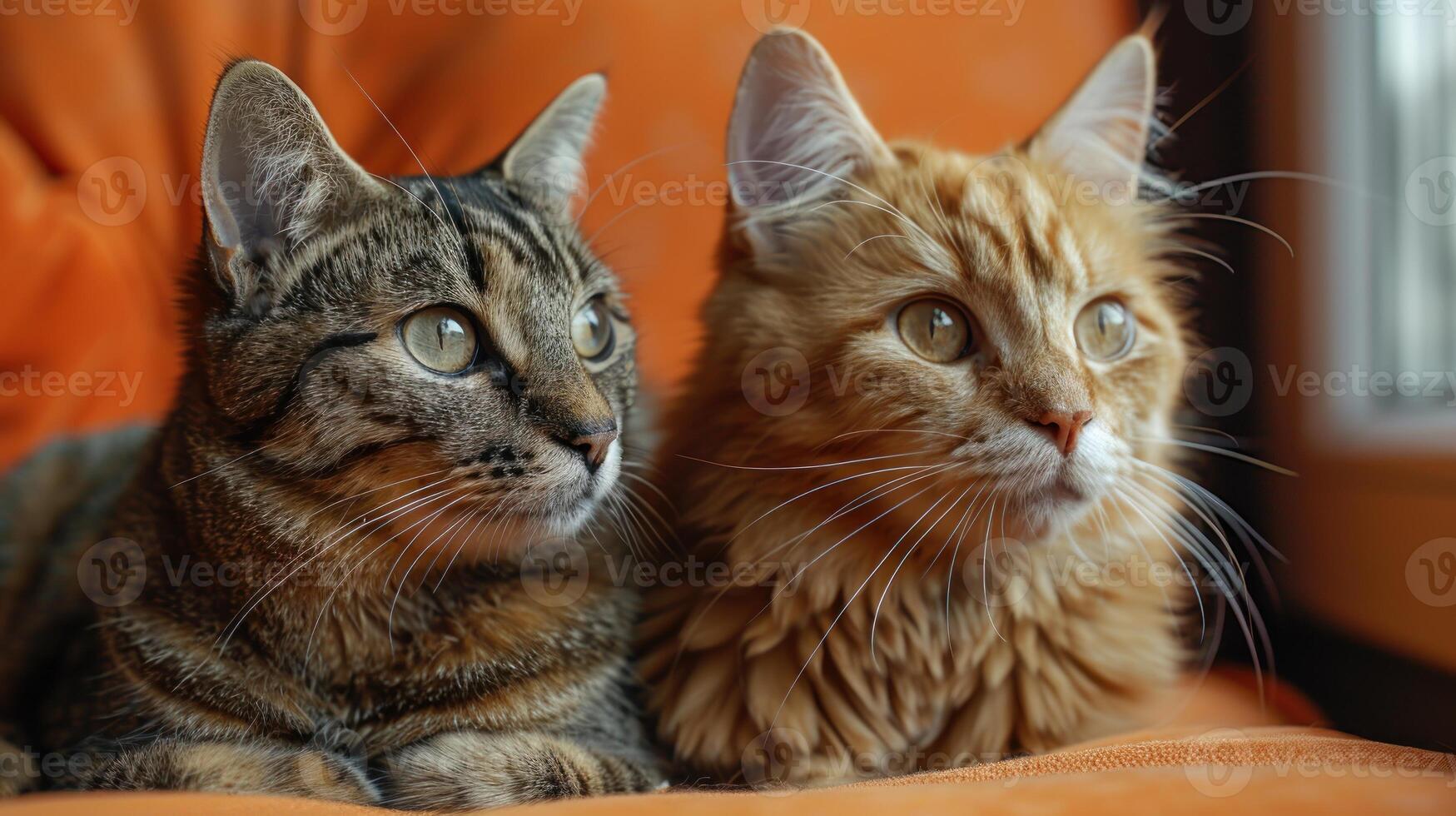 Two cats sit side by side, enjoying a moment of tranquility on an orange couch photo