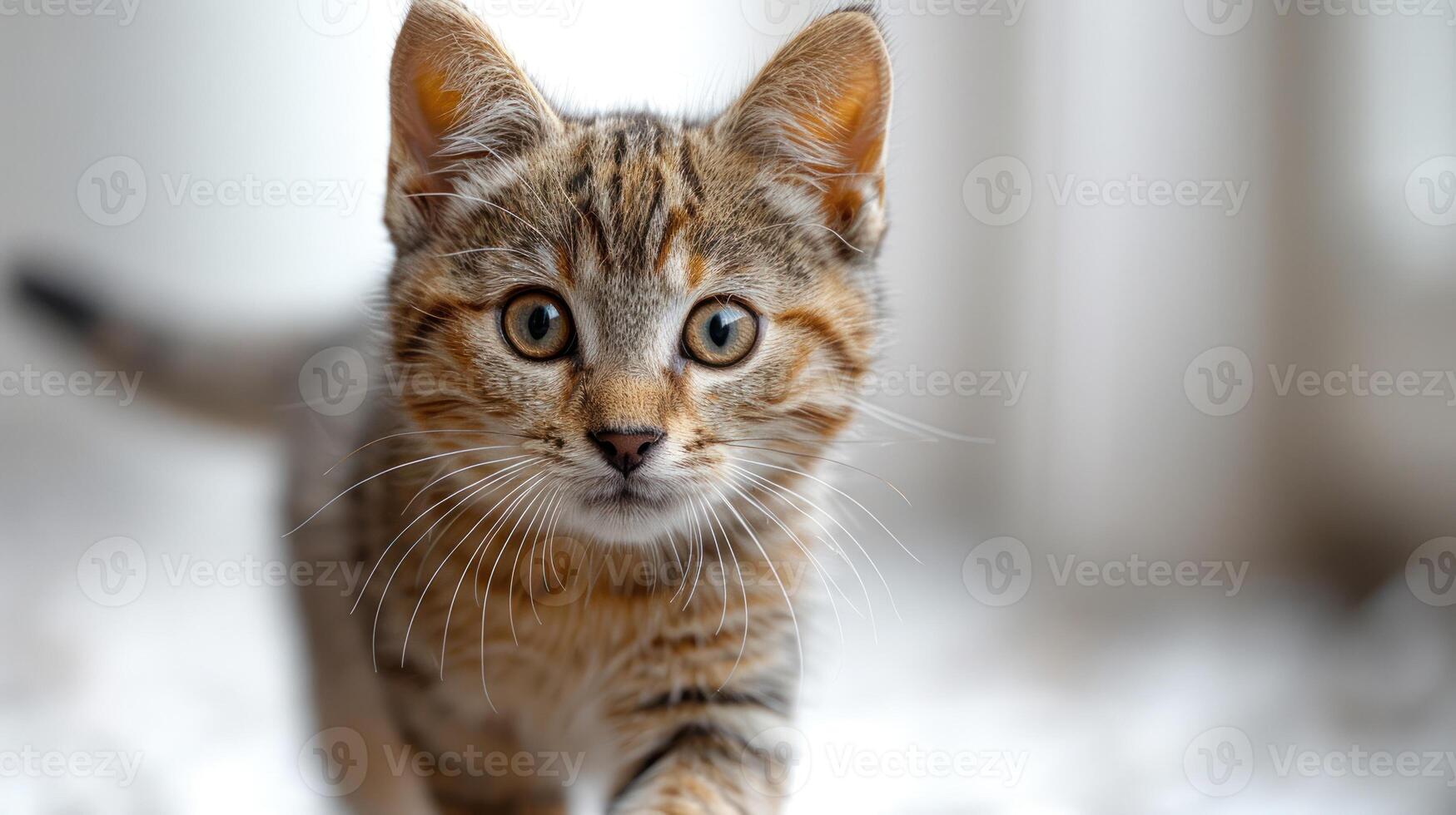 A curious tabby kitten wanders joyfully in a bright room photo