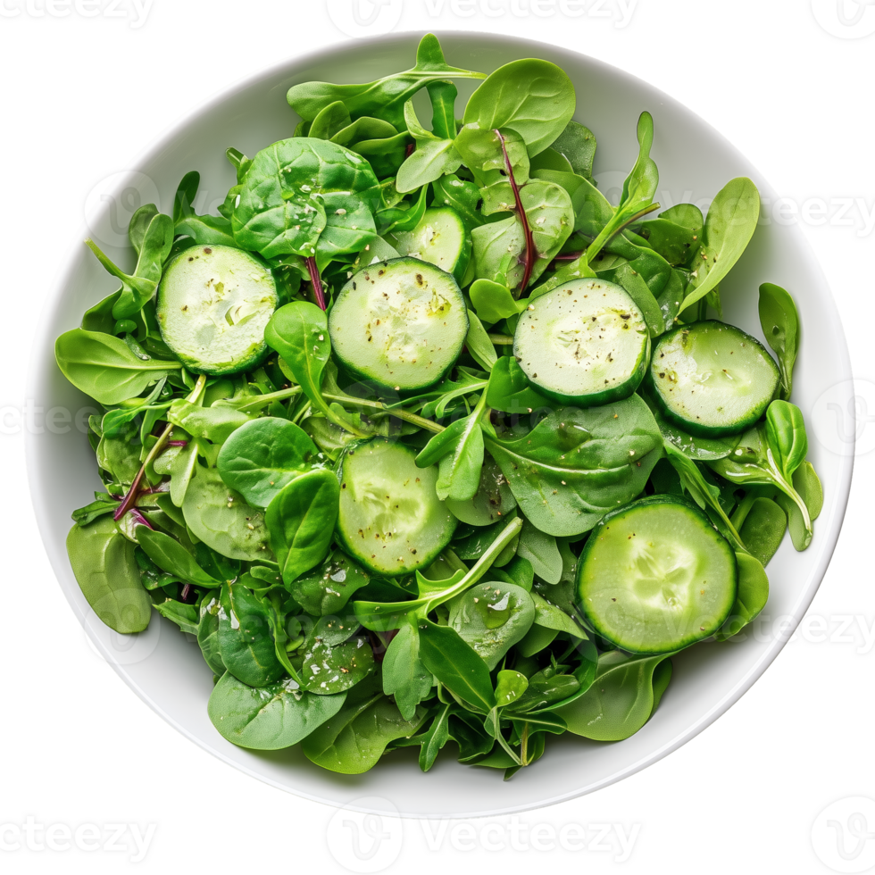 Fresh green salad with cucumbers and mixed leafy greens in a white bowl on a clean surface png