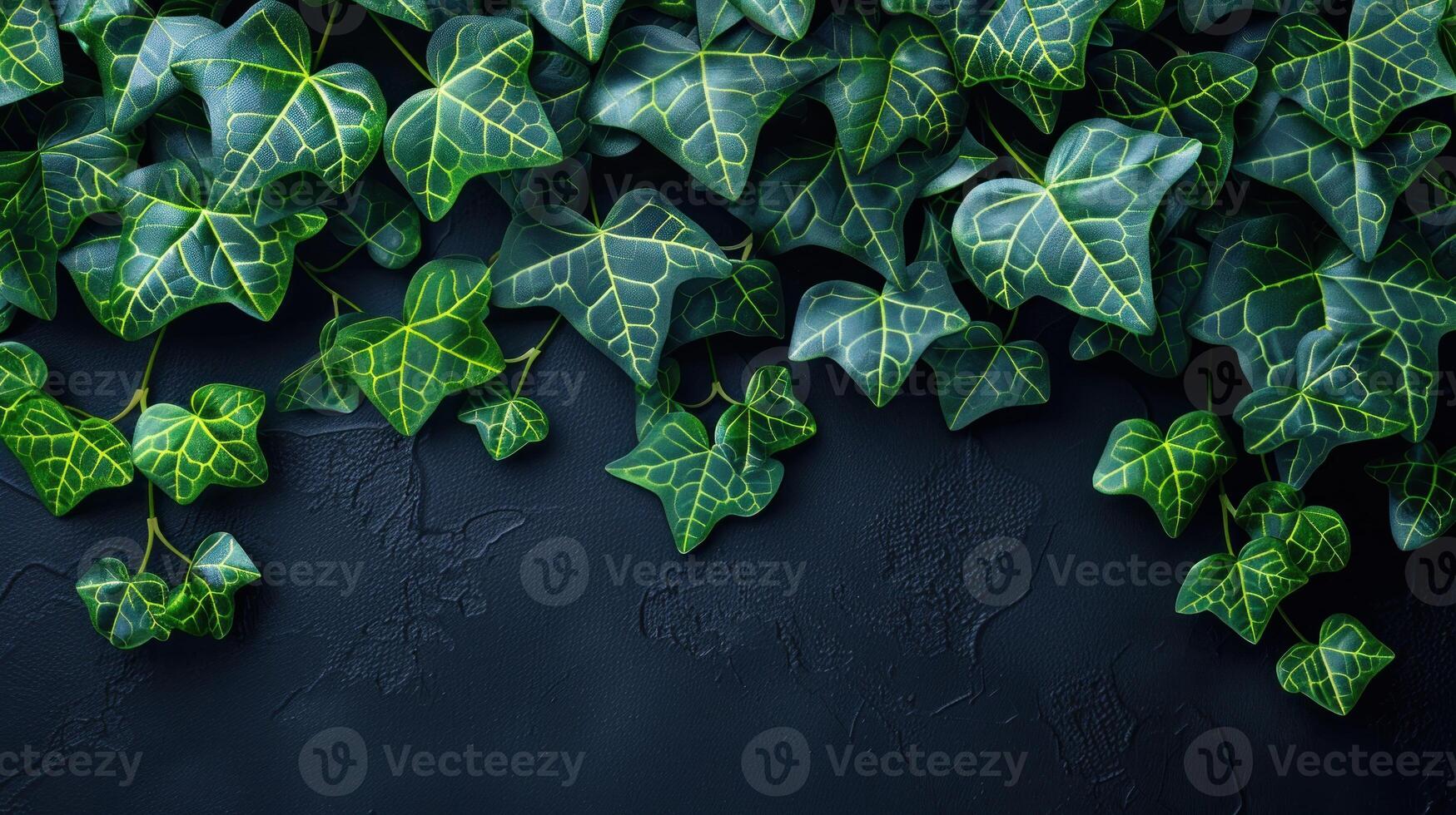 Vibrant green ivy leaves flourish against a textured dark background photo
