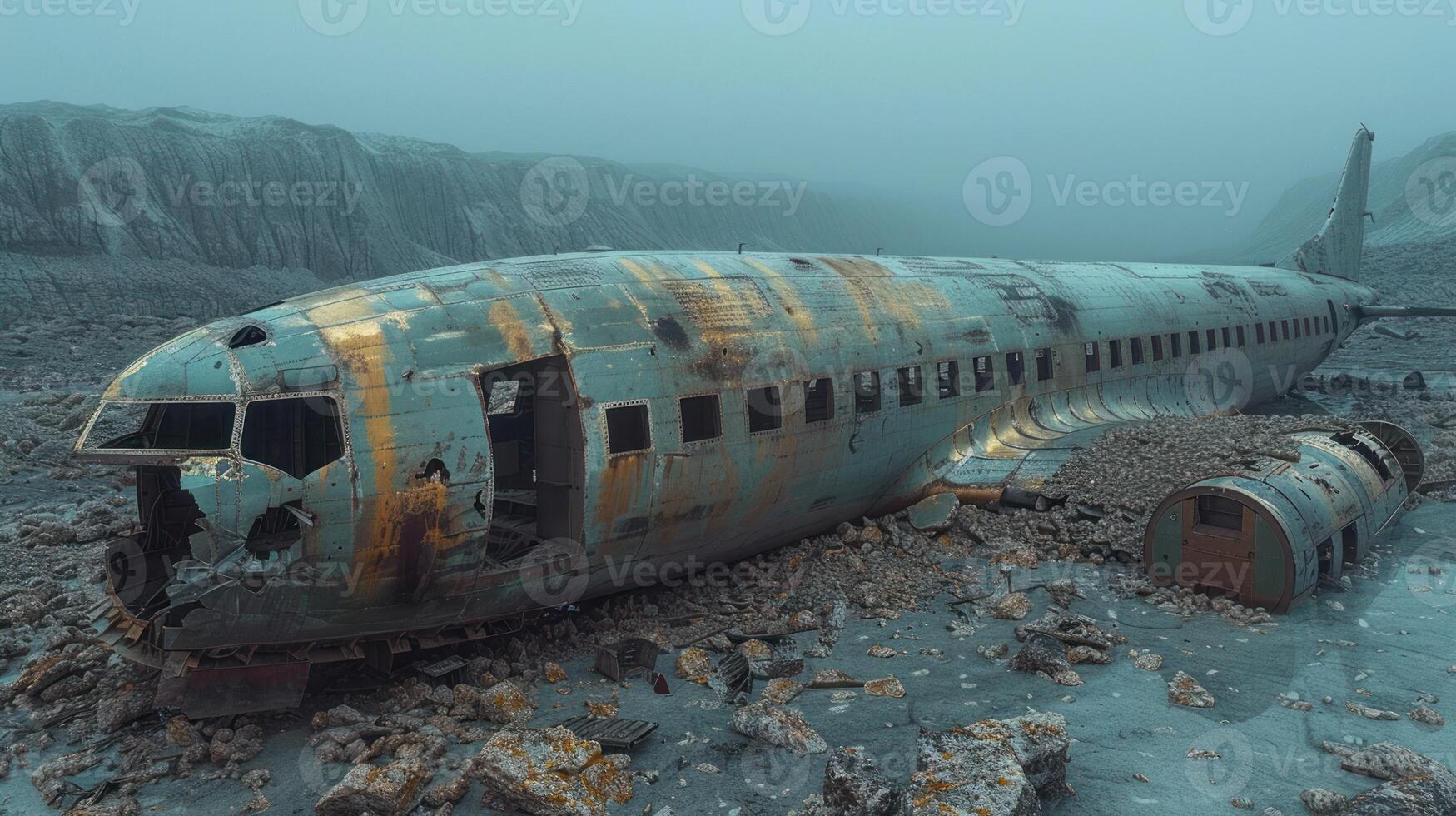 A derelict plane lies among rocky terrain, shrouded in an enigmatic twilight photo