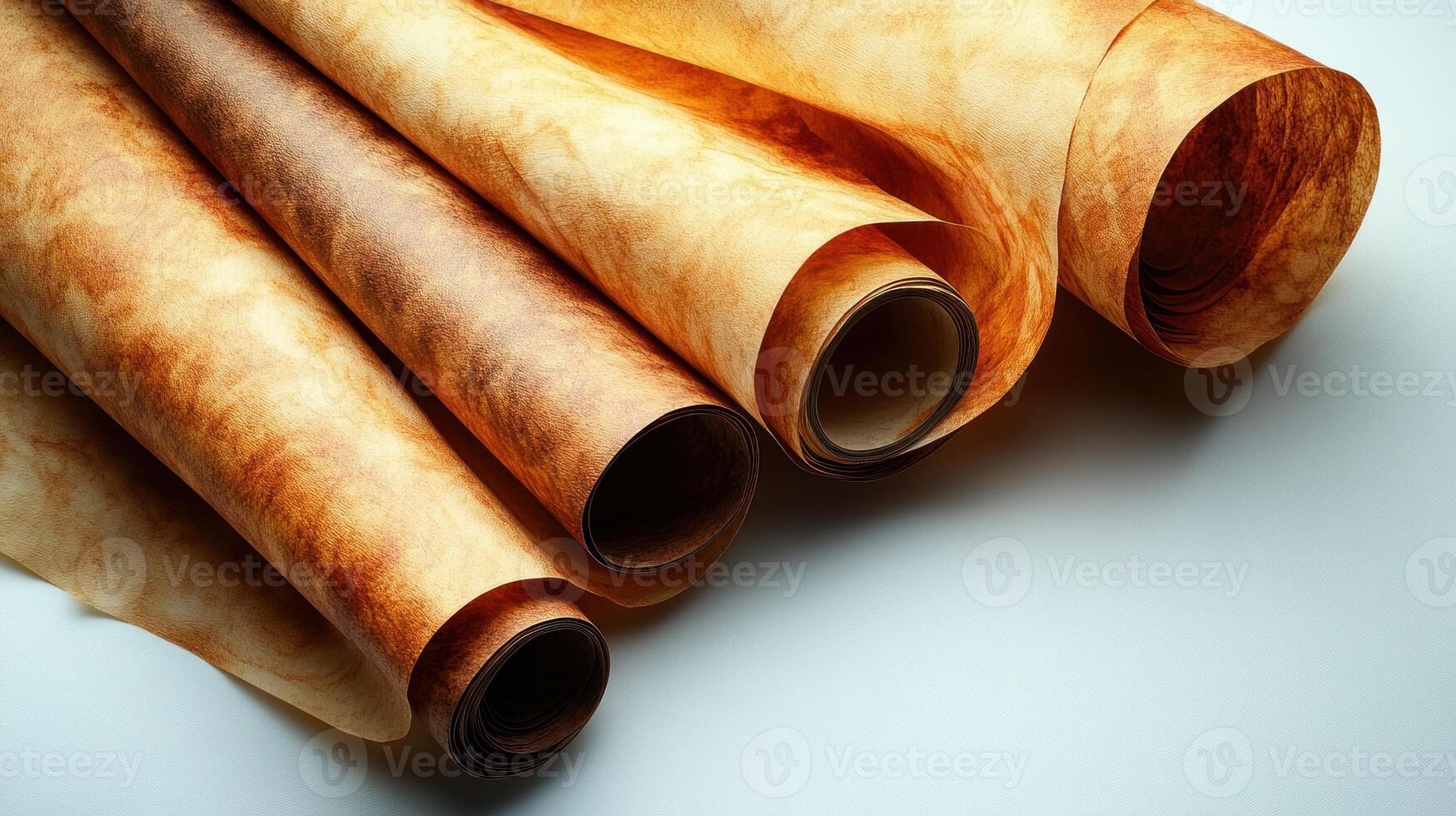 A collection of beautifully aged parchment rolls on a smooth surface photo